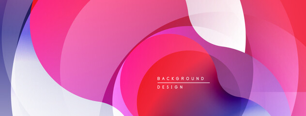 Abstract shapes overlap, creating vibrant pinks, reds, blues. Smooth gradients suggest flowing movement, modern design aesthetic.