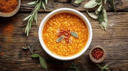 Warm and Flavorful Lentil Soup in Rustic Bowl Surrounded by Herbs