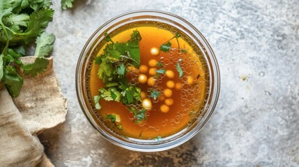 Fresh Homemade Soup with Herbs and Spices in Glass Jar