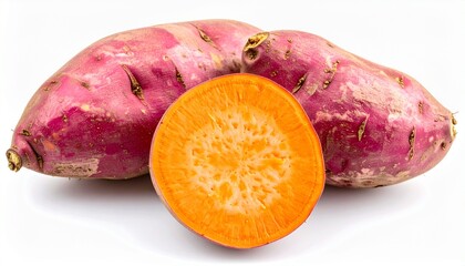 Fototapeta premium Red Sweet Potatoes on Isolated White Background – Vibrant Orange Flesh and Glossy Skin with Macro Detail and Bright Lighting