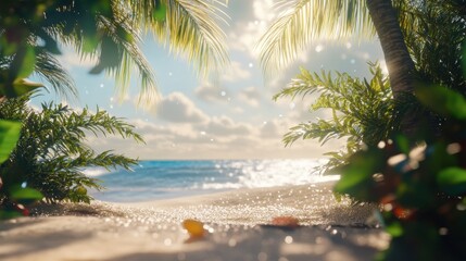 Serene Tropical Beach Scene with Palm Trees and Gentle Ocean Waves
