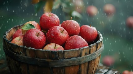 A bushel basket of apples with morning dew