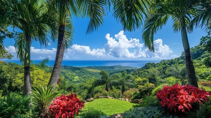 Tropical Landscape with Lush Greenery and Vibrant Flowers Near Ocean
