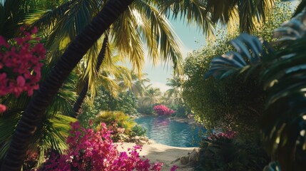 Serene Tropical Paradise with Lush Flora and Calm Water Reflections