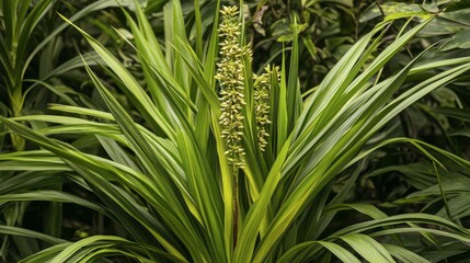 Lush Green Tropical Plant with Vibrant Leaves and Flowering Spikes