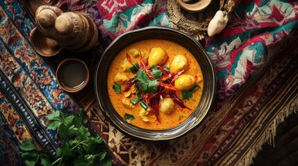 Vibrant Curry Dish with Fresh Ingredients on Colorful Textile Background