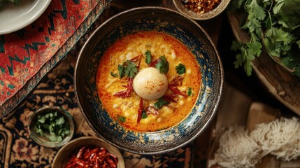 Delicious Bowl of Creamy Soup with Egg and Herbs on Rustic Table