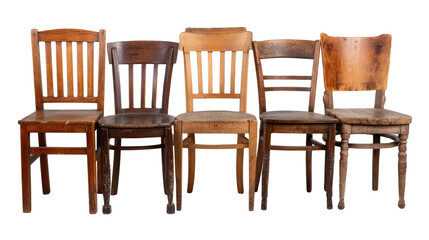 Title: Collection of Old Wooden Chairs Isolated on White Background &ndash; Transparent Background

