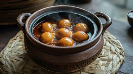 Traditional Indian Sweet Dish in Clay Pot with Steaming Dumplings