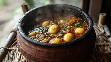 Traditional Spicy Egg Curry in Earthen Pot with Fresh Herbs