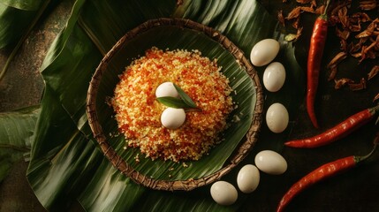 Delicious Traditional Dish with Spices and Quail Eggs on Leaves