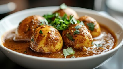 Deliciously Spiced Egg Curry Served with Fresh Herb Garnish