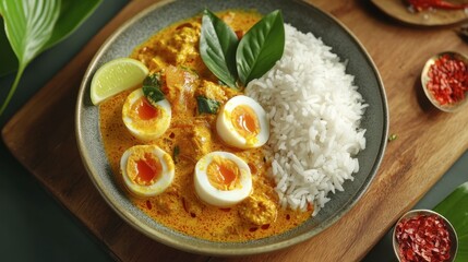 Delicious Curry Dish with Rice and Soft Boiled Eggs on Table