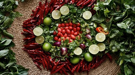 Colorful Arrangement of Fresh Vegetables and Herbs on Straw Mat