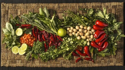 Fresh Colorful Assortment of Herbs and Spices on Natural Mat