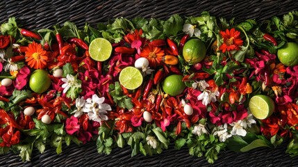 Colorful Arrangement of Fresh Vegetables and Herbs on Dark Background