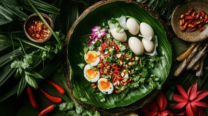 Fresh Ingredients and Assorted Eggs with Herbs and Spices Display