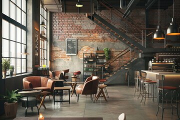 Modern cafe restaurant interior design with cozy chair architecture cafeteria furniture.