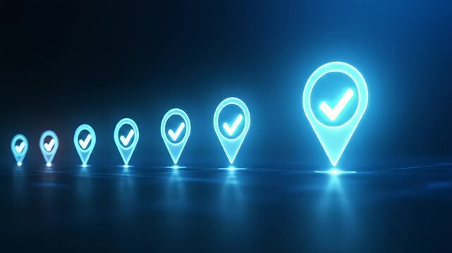 Illuminated checkmark pointers receding into distance