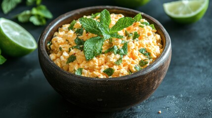 Fresh Creamy Cottage Cheese with Mint and Lime on Dark Surface