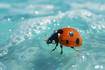 Red Ladybug on Aqua Water Surface
