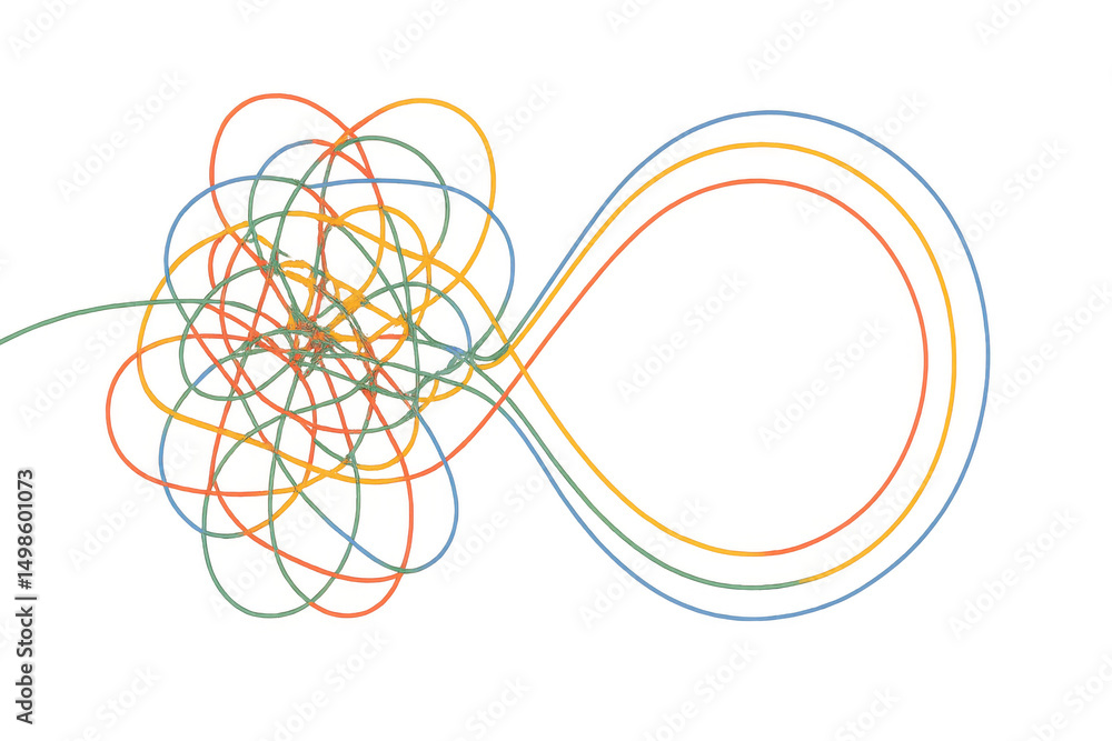 Poster colorful tangled lines smoothly transitioning into a structured infinity symbol, representing order 