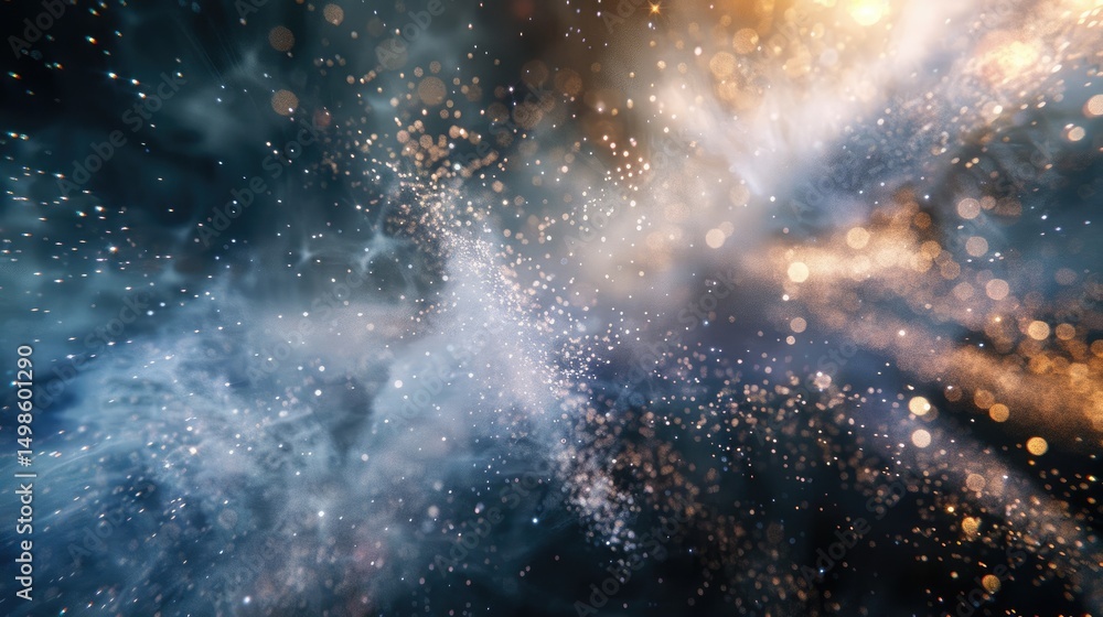 Poster explore a captivating cosmic scene showcasing waves of light interacting with dust particles, creati