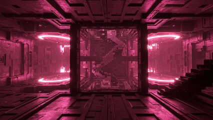 Inside the Mysterious Symmetrical Neon Chamber Illuminated by Glowing Pink Light in a Sci-Fi Dimension