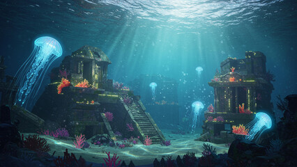 The Lost Underwater City Illuminated by Bioluminescent Jellyfish and Sunlight from the Ocean Surface