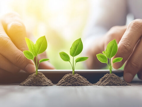 Senior couple reviewing financial charts on a tablet, with money plants growing beside them on a sleek table. This is a financial wellness background image with a modern and optimistic feel.