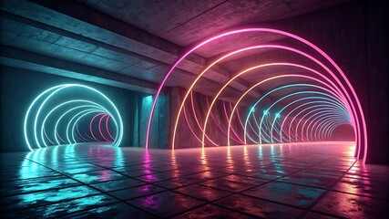 Neon archway beckons toward a futuristic urban space reflecting light on a glossy floor Concrete and
