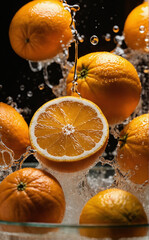  Fresh Juicy Oranges Splashing into Water Creating Vibrant Refreshing Atmosphere