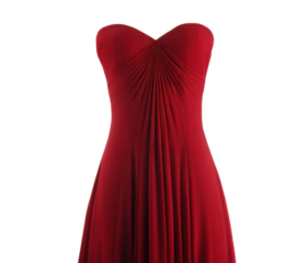 Elegant red strapless gown with pleated design on black background, cut out