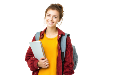 Smiling young caucasian female student with backpack and notebook against white background, cut out