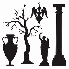 Classical Vase, Tree, Angel Statue, and Column Silhouette Vector Illustration
