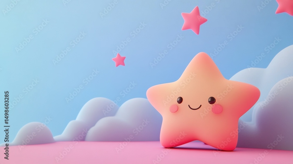 Poster a charming animated star character with a smiling face sits against a pastel background. soft clouds