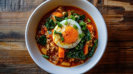 Hearty Vegetable Soup with Poached Egg and Fresh Greens in Bowl