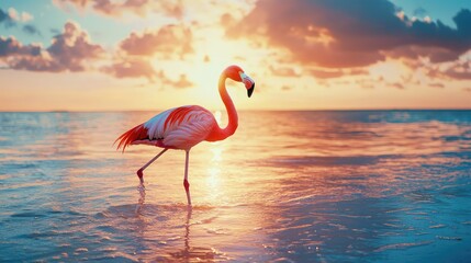 Fototapeta premium A carefree flamingo in sunglasses, walking along the water's edge at sunset.