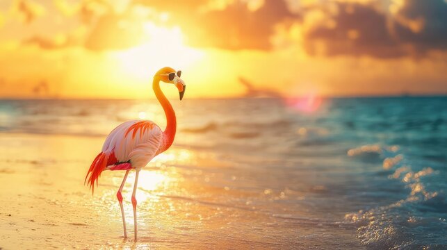 A carefree flamingo in sunglasses, walking along the water's edge at sunset.