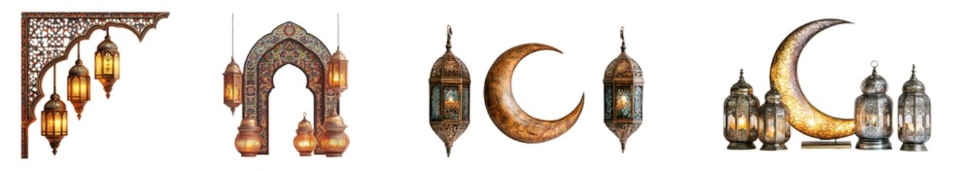 Obraz premium set of Ornamental lanterns and crescent moon designs isolated on transparent background