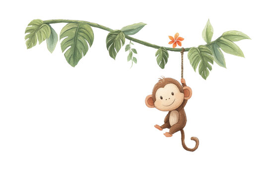 Cute cartoon monkey hanging from jungle vine with orange flower, cut out