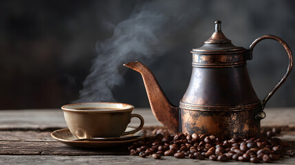 A beautifully crafted vintage coffee pot placed on a wooden counter, with fresh coffee beans and a steaming cup of brewed coffee.