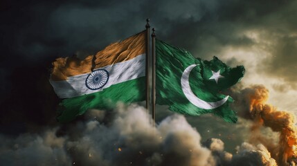 Tattered Indian and Pakistani Flags Fluttering Against Each Other Amid Dark Sky and Rising Smoke