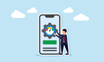 Businessman next to smartphone holding gear with measurement indicator illustration of digital business performance monitoring