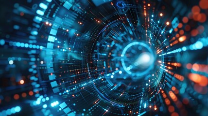 Abstract of science fiction scenery express high tech future city in cyberpunk style. Futuristic electrics with fantasy concept of artificial intelligence create powerful technology sense. AIG53.