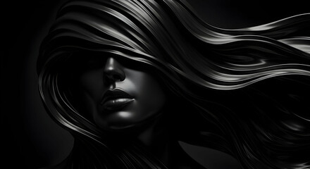 Mysterious Woman Dark Hair Elegant Abstract Sculpture Art Black and White Dramatic Portrait Monochrome Female Face Beauty Power Strong Sensual Mysterious Woman