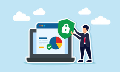 Businessman holding shield with lock symbol beside laptop displaying pie chart illustrating corporate digital data security