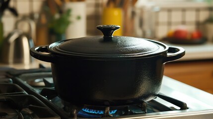 A cast iron stovetop Dutch oven with lid slightly open