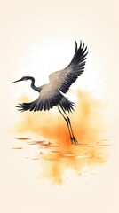Flying crane with sunset chinese brush animal stork heron.