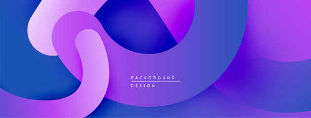 Abstract fluid shapes overlap, creating vibrant purple, blue gradients. Modern design suggests movement, depth, visual interest.